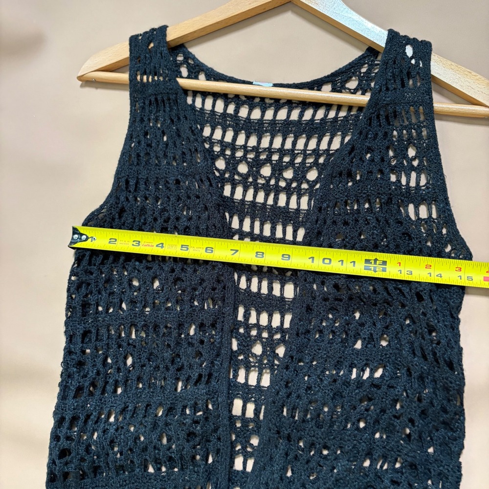 Womens Black Crochet Knit Open Front Fringe Vest Boho Festival Sleeveless Layer - Picture 7 of 9